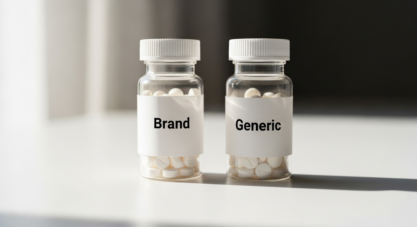 Comparison of generic vs brand name drugs bottles side by side on a white surface, illustrating how both medications look identical despite different packaging.