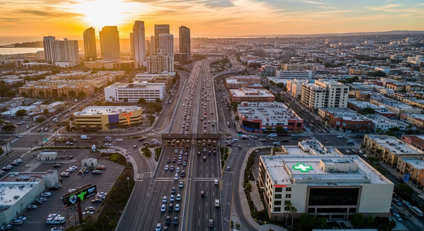 Travelers walking across the Tijuana pedestrian bridge during sunset, illustrating the accessibility and trust of medical tourism Tijuana Mexico.