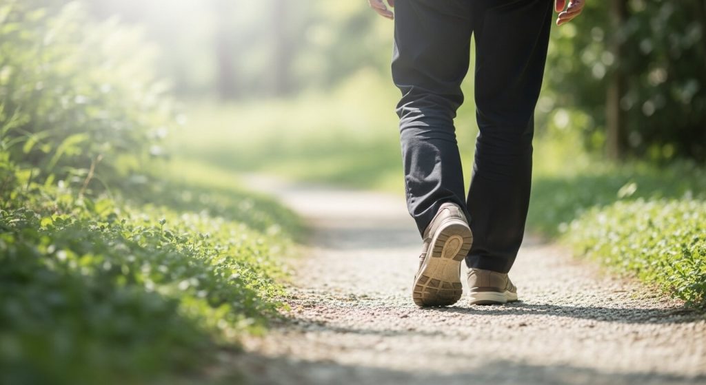 Adult walking steadily along a softly lit path, symbolizing mobility improvement and wellness progress.