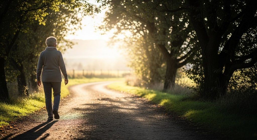 Adult with MS walking toward soft light, illustrating mobility progress supported by Ampyra treatment.