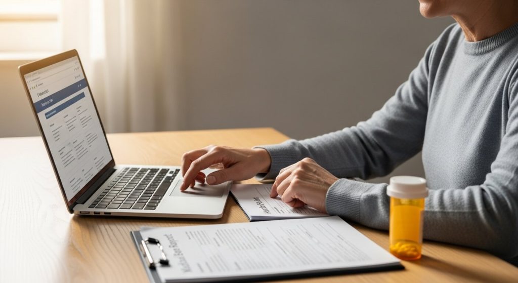 Adult reviewing medical documents and costs while exploring a Stelara assistance program for affordable treatment options.