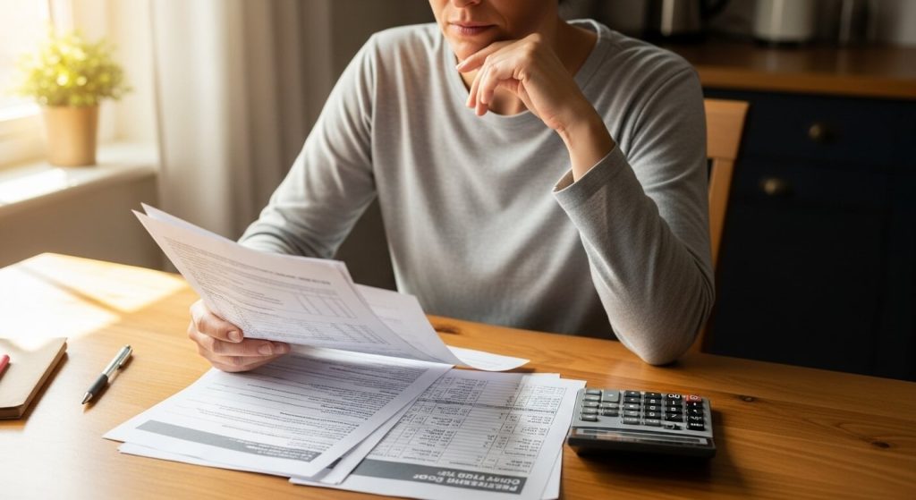 Adult reviewing medical forms and costs at home on a laptop.