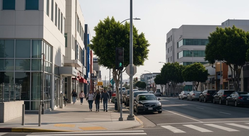 Real street view of Tijuana’s medical district representing travel involved in a Stelara assistance program through medical tourism.