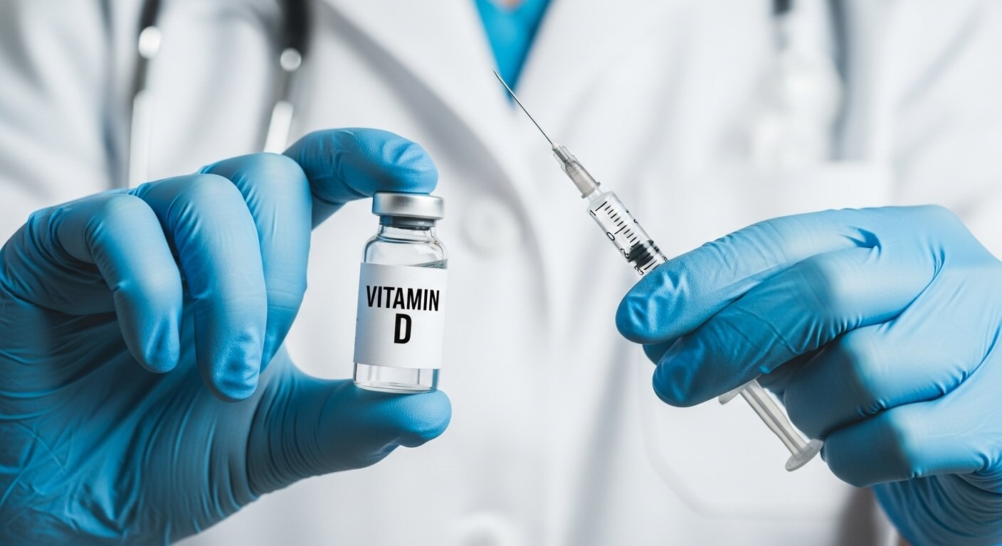 Doctor preparing vitamin D injection in a clean clinical setting with syringe and vial.