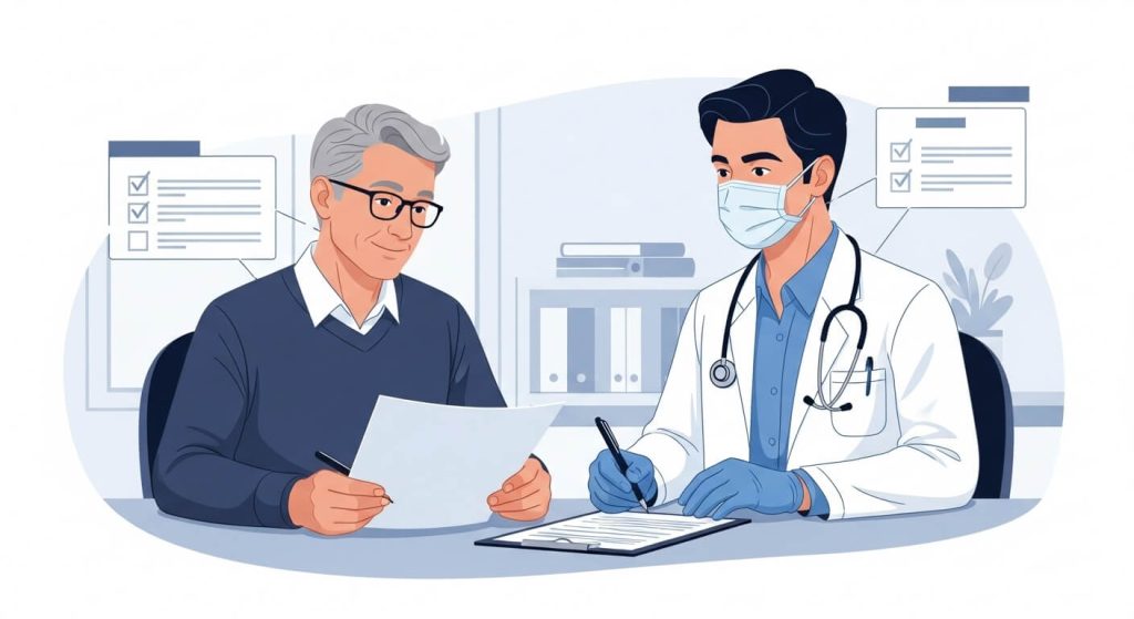 Adult patient reviewing medical documents with clinician in a calm healthcare setting, representing safety and structured care.