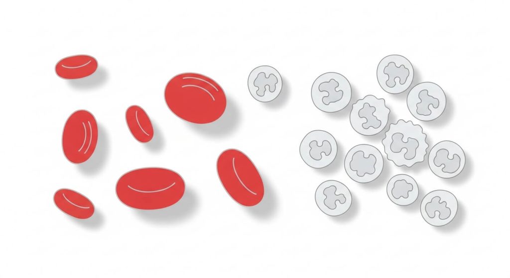 Leukemia illustration showing abnormal white blood cells among red blood cells