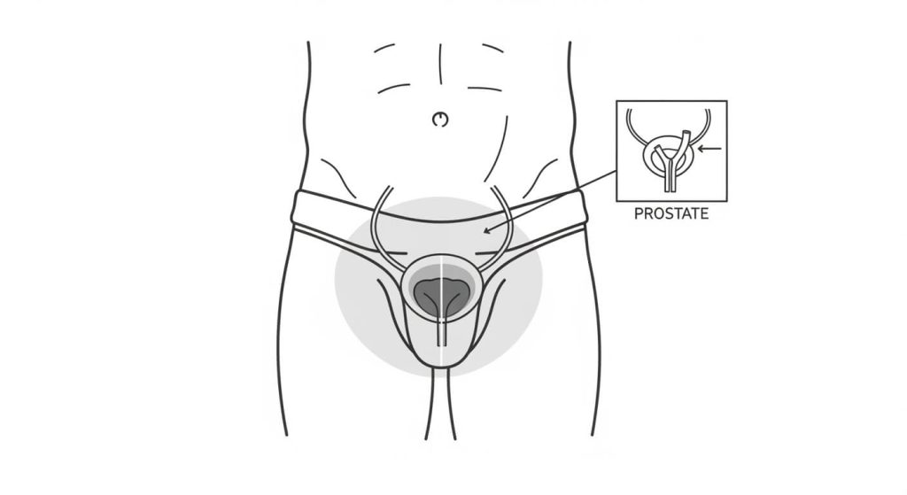 Prostate cancer illustration showing the prostate gland location below the bladder
