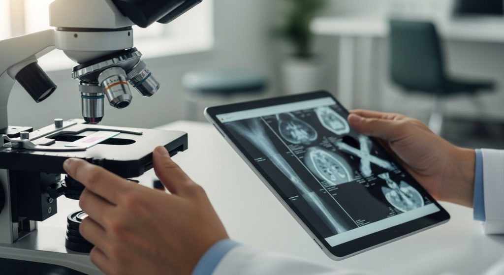 Solid tumor diagnosis with doctor reviewing imaging and biopsy results