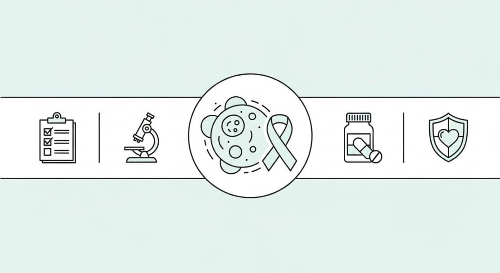 Cancer overview infographic showing signs, screening, diagnosis, and treatment paths