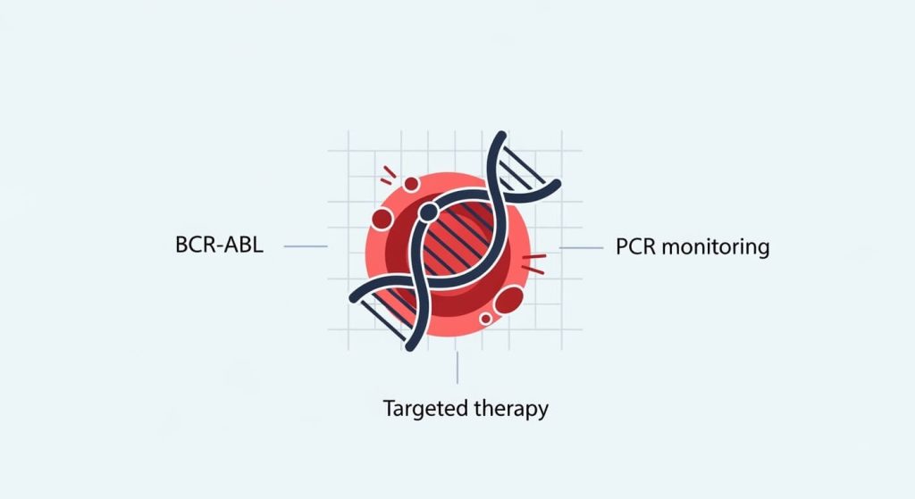 chronic myeloid leukemia infographic showing BCR-ABL, targeted therapy, and PCR monitoring