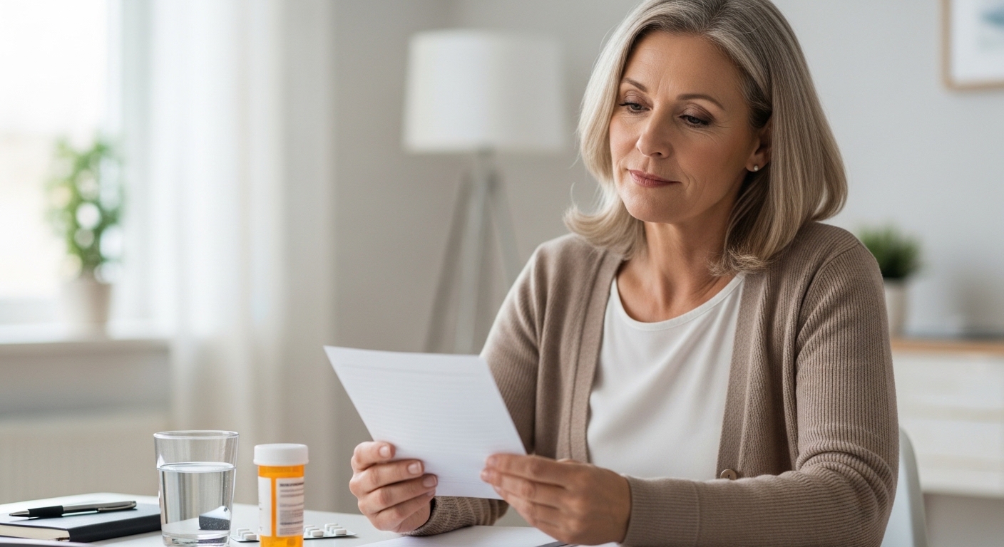 Adult patient reviewing medication information at home before treatment decisions