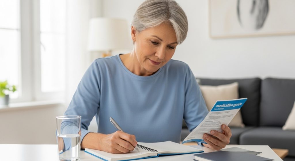 Patient tracking Adempas side effects in a notebook while reviewing treatment information at home