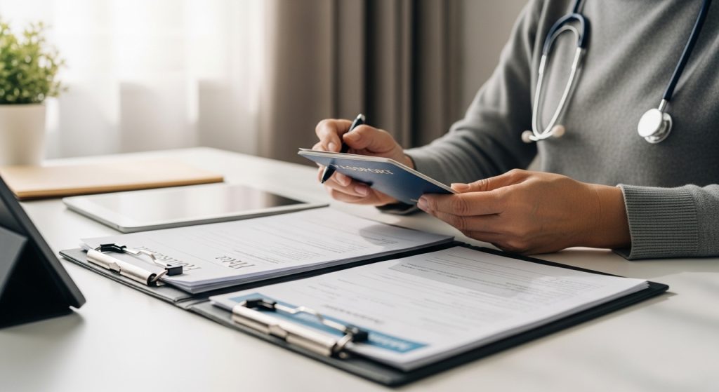Patient reviewing Afinitor Disperz prescription, lab results, and travel documents before treatment planning abroad