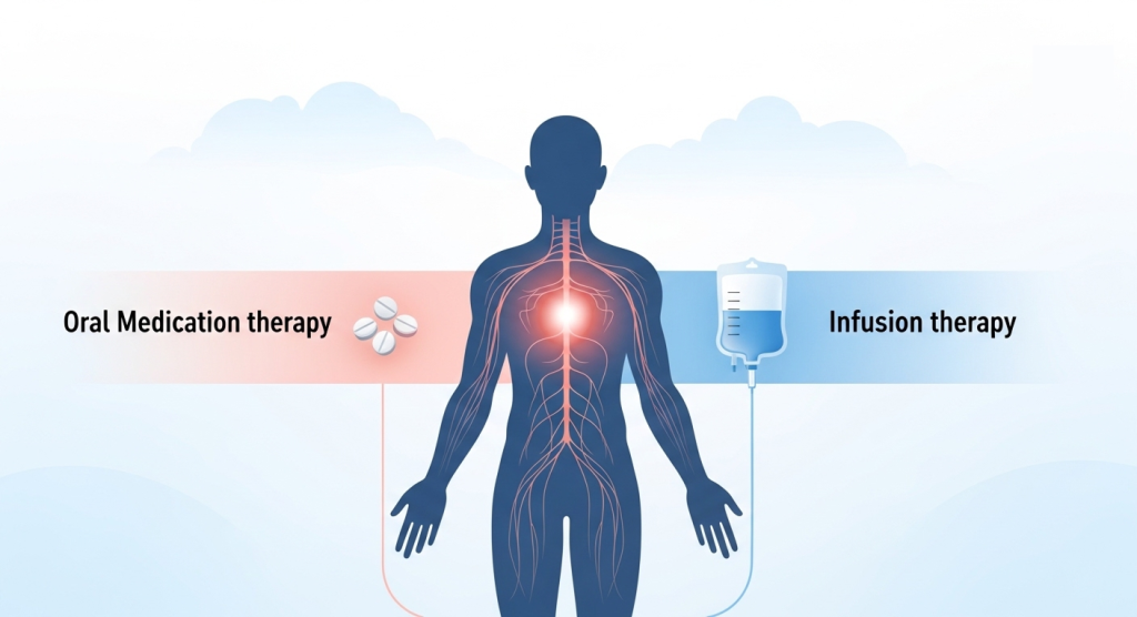 visual comparison of oral medication therapy and infusion therapy illustrating mavenclad vs ocrevus treatment approaches for multiple sclerosis
