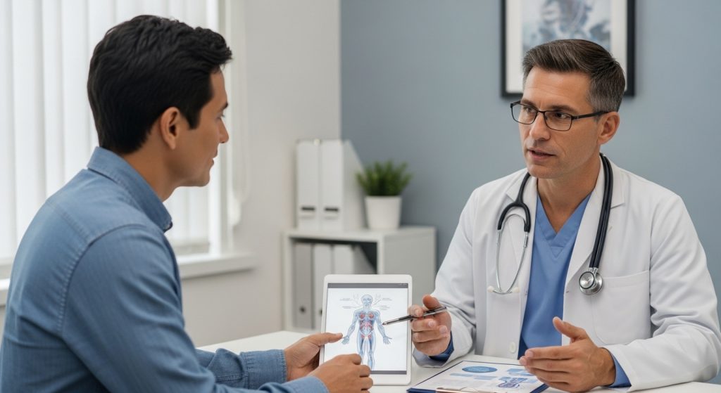 Patient speaking with neurologist about multiple sclerosis treatment options including mavenclad vs ocrevus comparison