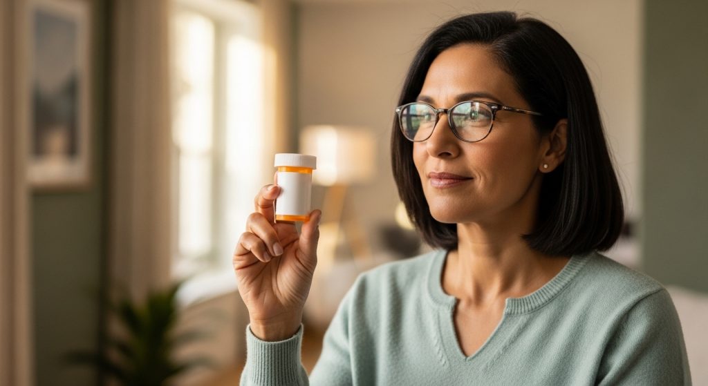Adult patient reading prescription medication information at home with a calm, hopeful expression