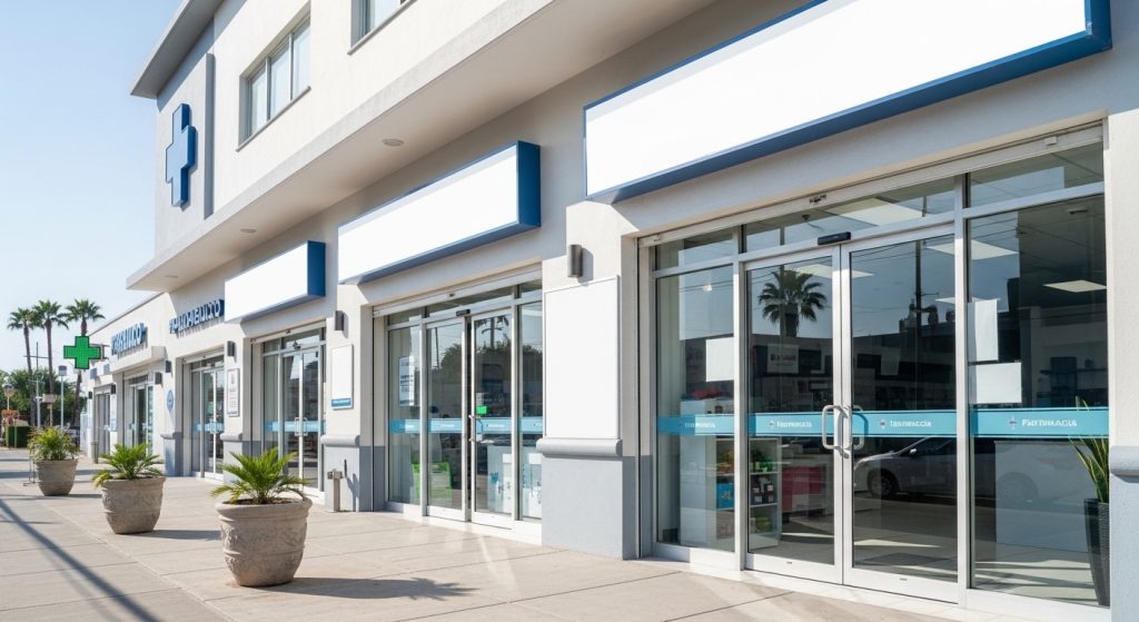 Modern licensed international pharmacy exterior in Tijuana where U.S. patients access Alunbrig medication safely