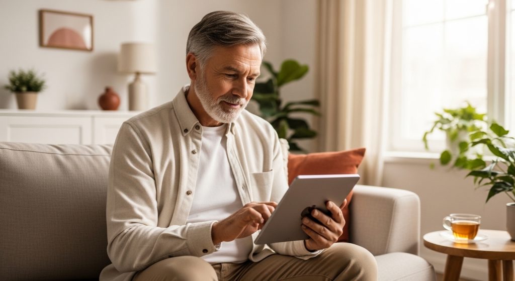 Adult patient reviewing Alunbrig medication information on a tablet while exploring affordable treatment options