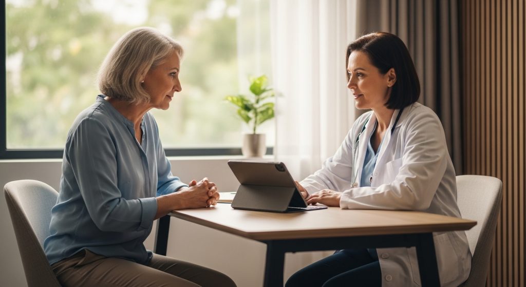 Doctor explaining side effects Alecensa may cause to a mature patient during a calm medical consultation