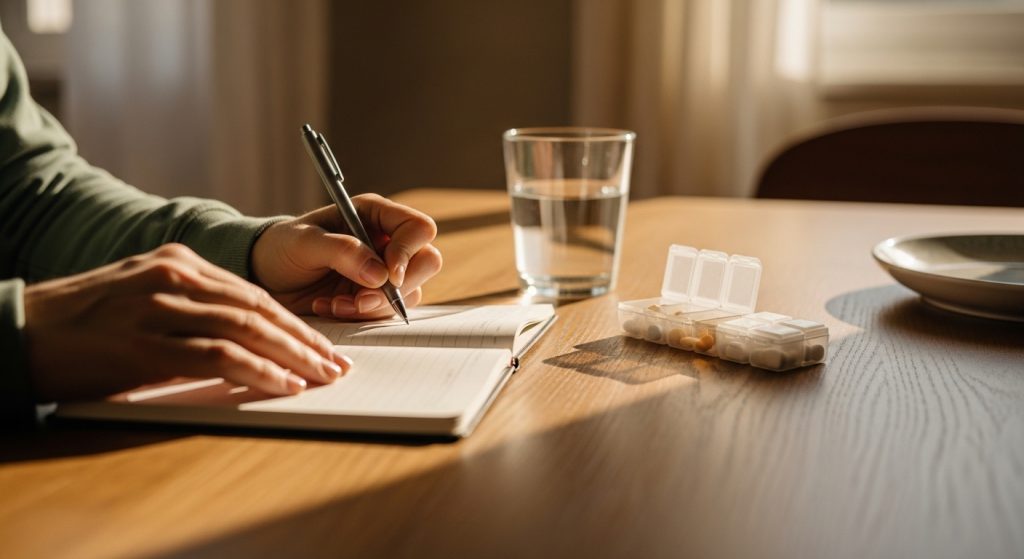 Patient journaling daily symptoms at home to help monitor and manage the side effects Alecensa may cause during treatment