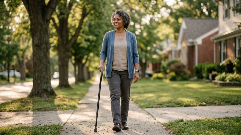Middle-aged adult walking confidently outdoors with a cane while managing Ampyra side effects during MS treatment.