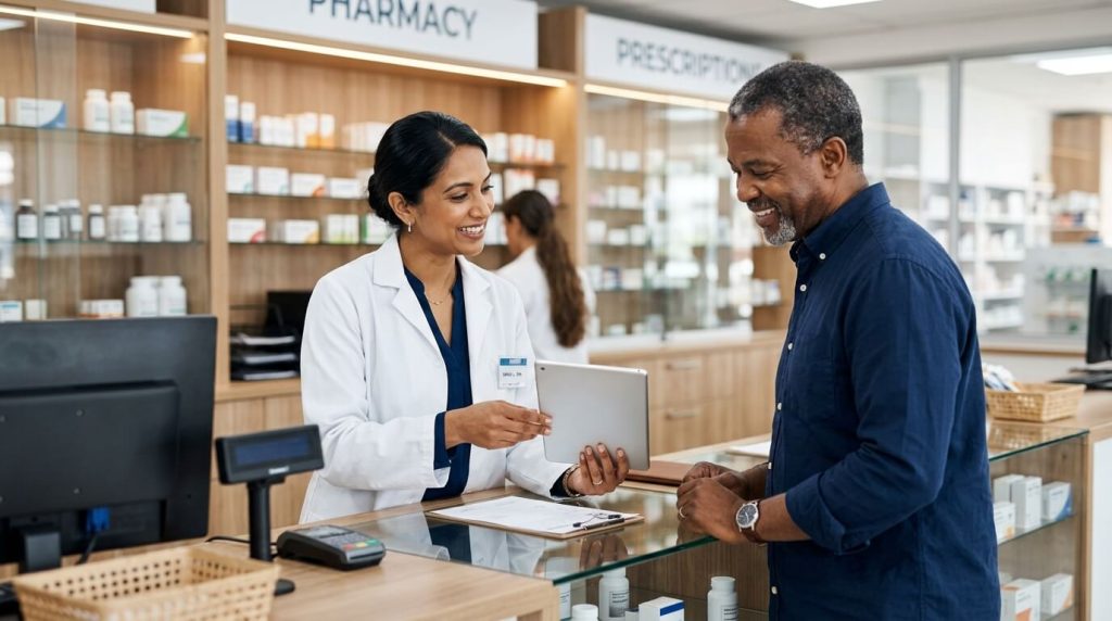 Licensed pharmacist consulting with a U.S. patient about Ampyra side effects and prescription medication options.