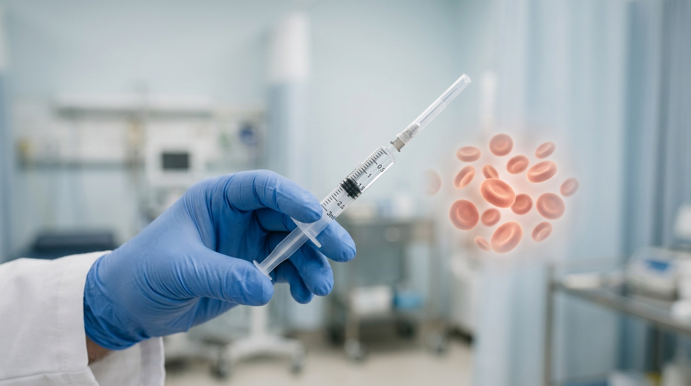 Medical syringe representing Aranesp darbepoetin alfa injection for anemia treatment