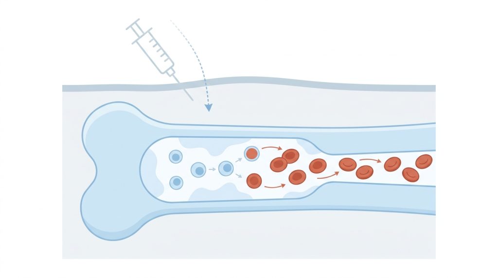 Illustration of what is Aranesp showing red blood cell production stimulated by darbepoetin alfa in bone marrow