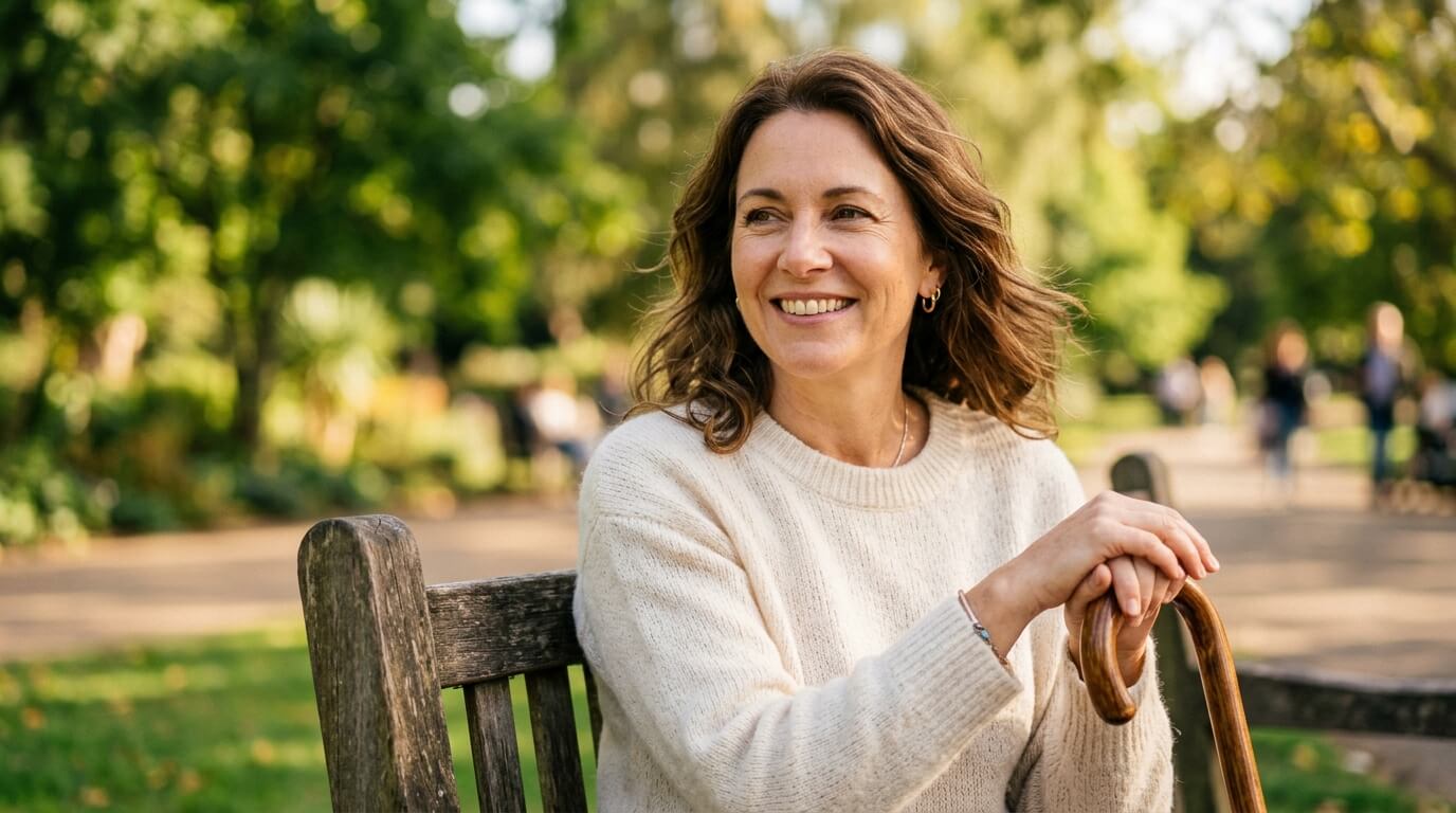 Smiling middle-aged woman sitting outdoors with a walking cane, representing daily life with multiple sclerosis.
