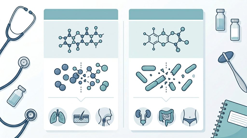 Minimalist medical infographic illustrating the avycaz vs zerbaxa bacterial coverage comparison, with two columns showing target organisms including carbapenem-resistant Enterobacterales and multidrug-resistant Pseudomonas aeruginosa.