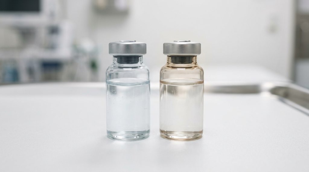 Two unlabeled IV antibiotic vials side by side on a white medical surface in soft clinical lighting, representing a comparison of specialty antibiotics for resistant infections.