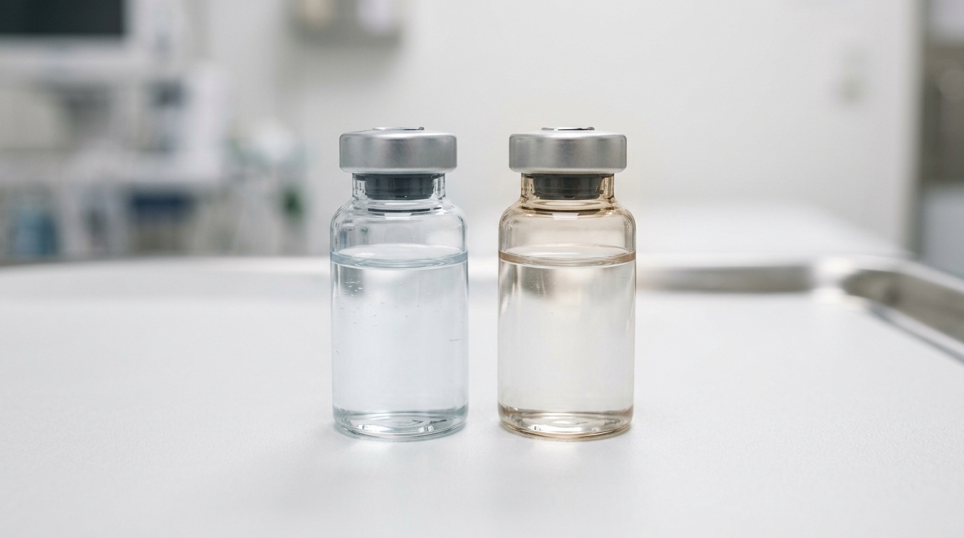 Two unlabeled IV antibiotic vials side by side on a white medical surface in soft clinical lighting, representing a comparison of specialty antibiotics for resistant infections.