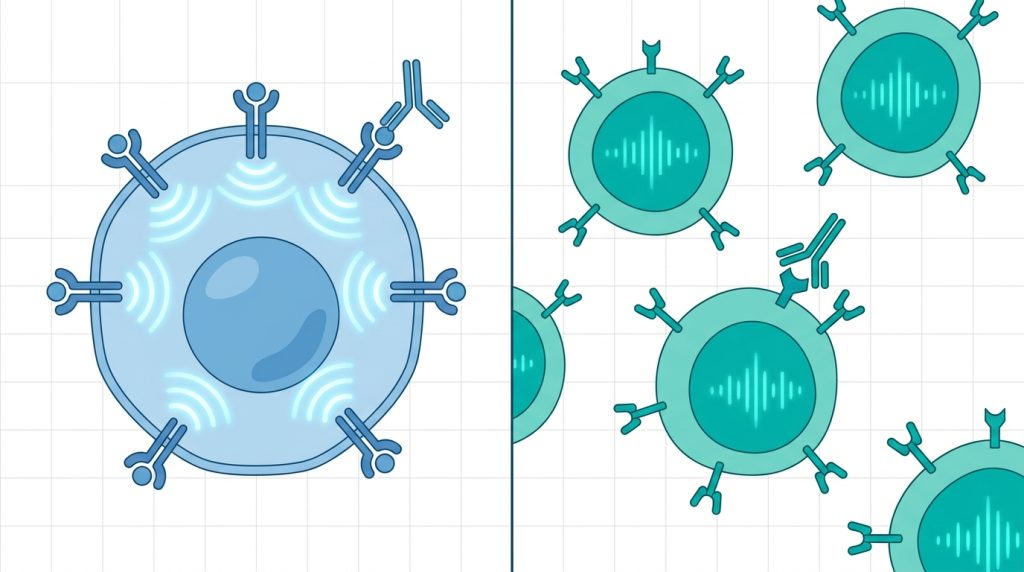 Medical illustration comparing Saphnelo vs Benlysta mechanisms of action in lupus treatment — interferon pathway versus BLyS inhibition