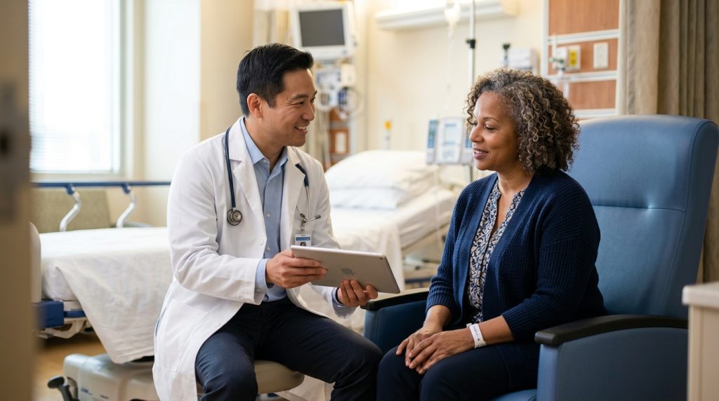 Middle-aged patient and physician in white coat reviewing tablet with lab results in a hospital room, representing specialist consultation for avycaz vs zerbaxa treatment decisions in resistant bacterial infections.