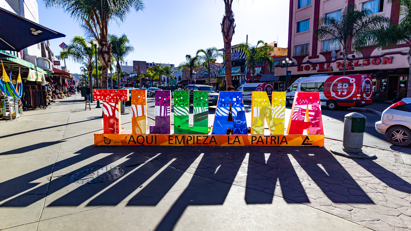 Colorful Tijuana letters sign on Avenida Revolución welcoming visitors to the city