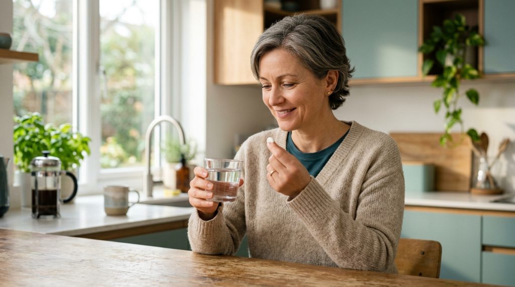 Healthy adult taking a once-daily HIV medication tablet at home, symbolizing confident, affordable long-term HIV treatment.