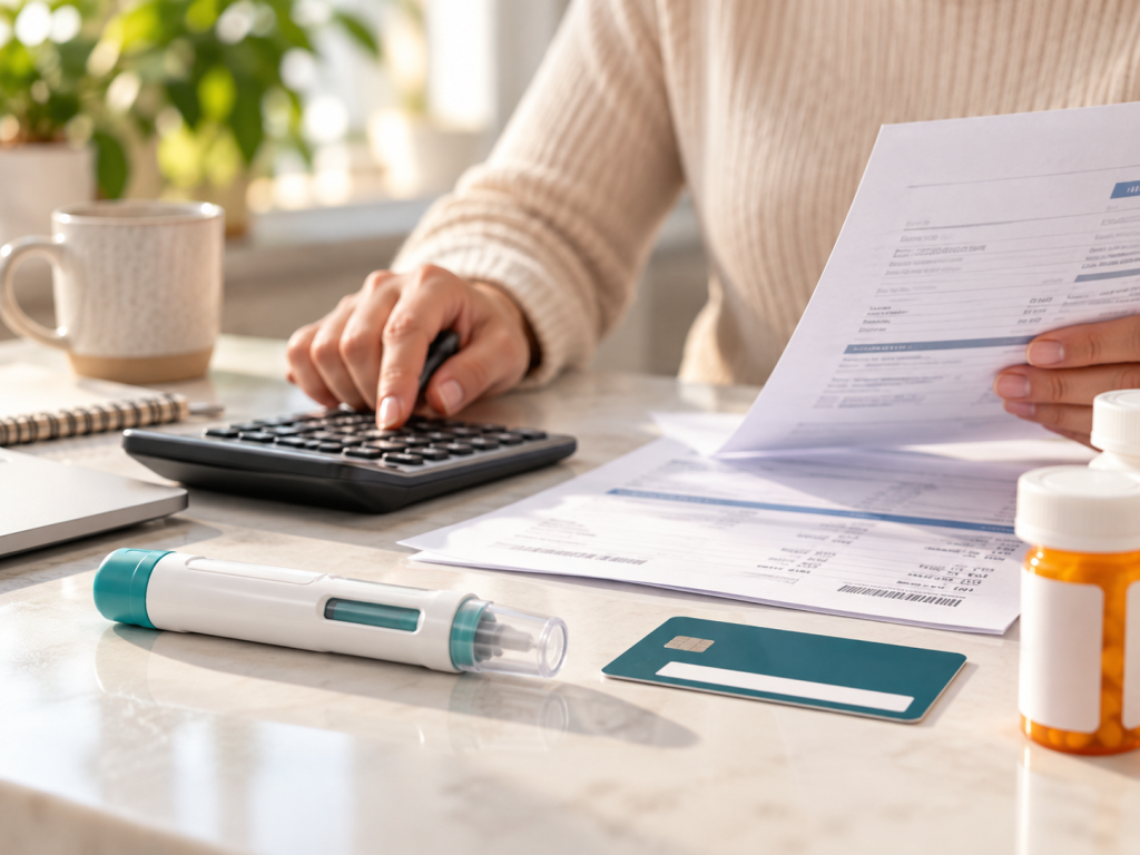 Dupixent cost explained: patient reviewing an explanation of benefits with a calculator, beside a biologic injector pen and a prescription bottle